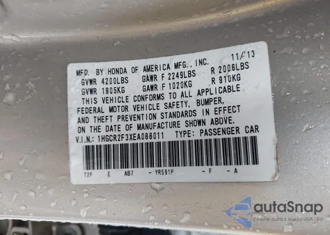 2014 Honda Accord Lx из США, поврежденный, VIN 1HGCR2F3XEA088011